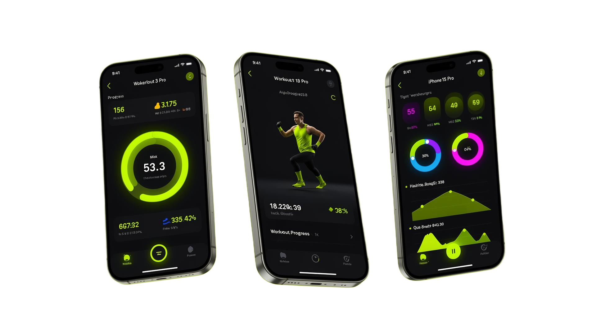Mockup do FitPro em três iPhones mostrando dashboard, treino e gráficos